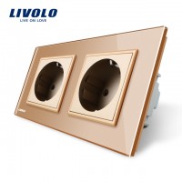 розетка LIVOLO НА 2 ПОСТА золотой С РАМКОЙ